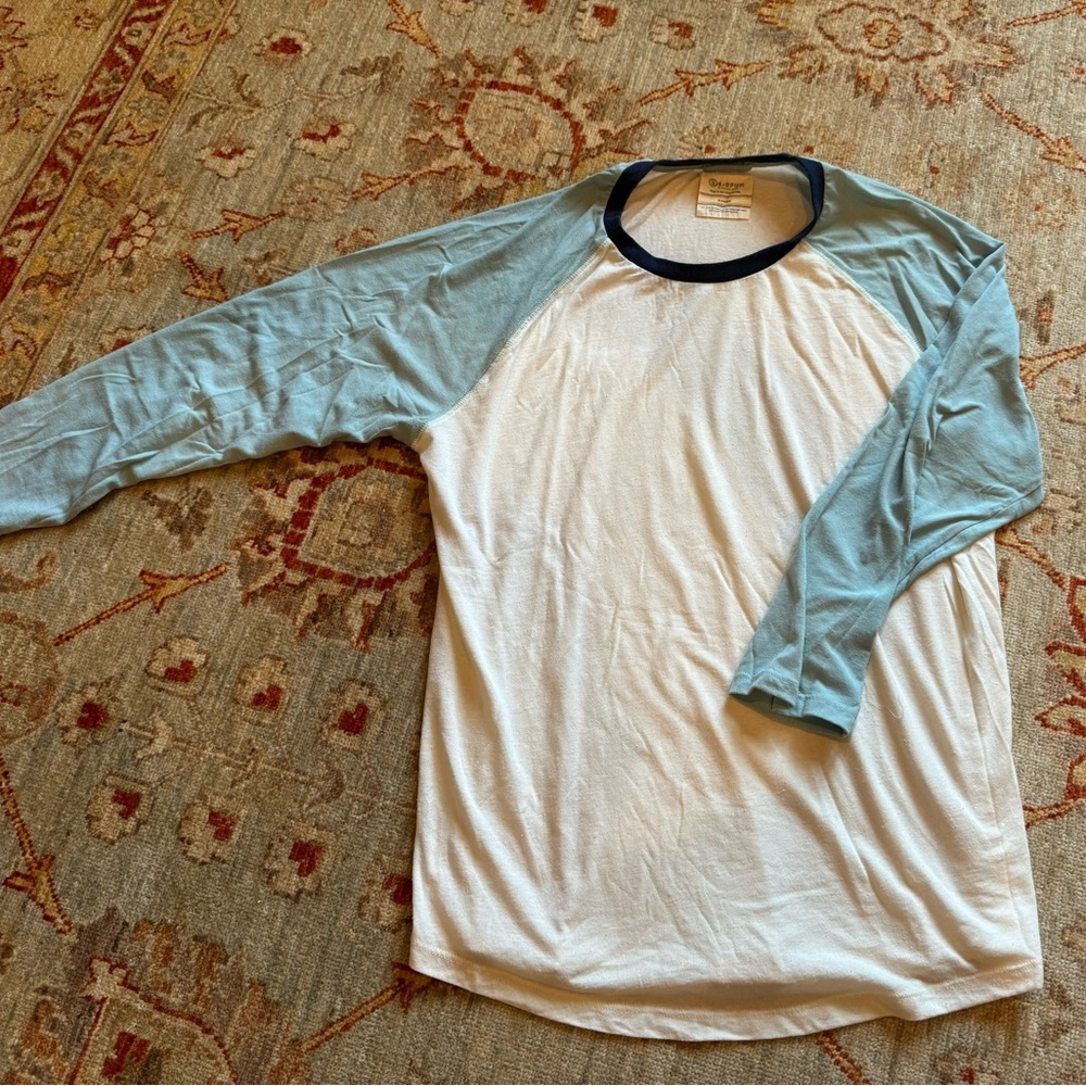 Marine Layer White Body Light Blue Raglan with Navy Neck Long Sleeve Tee